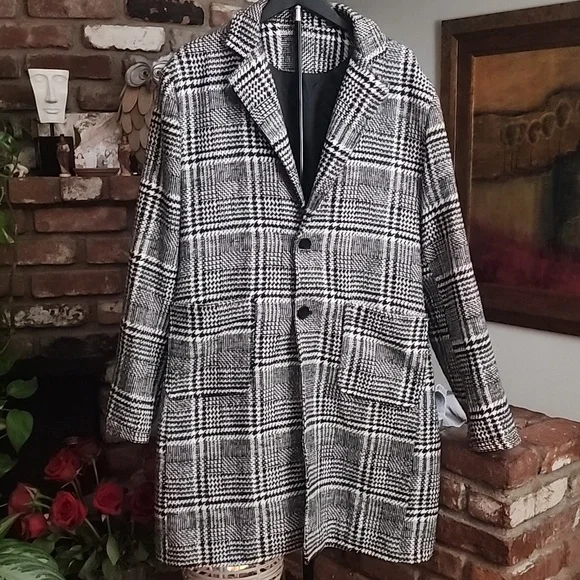 Uaneo Plaid Mid Length Single Breasted Coat Unisex Peacoat - Picture 3 of 6